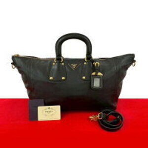 PRADA triangle logo leather handbag Boston bag tote shoulder black